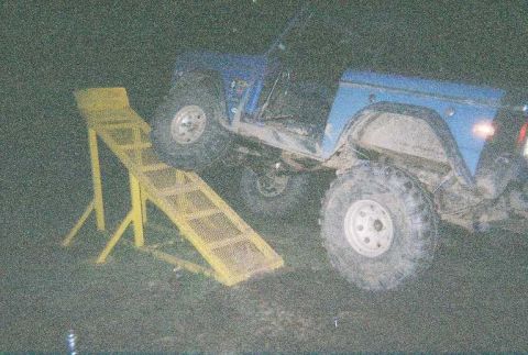 1976 Ford Bronco - A little night time ramp action after a hard day of wheeling - Rear shocks are too short and fronts are too long - back to the drawing board