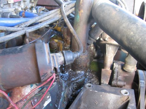 1978 Jeep Cherokee - Close-up view of engine components, including a distributor cap and various hoses, with signs of fluid leakage.