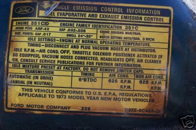 1972 Ford Ranchero - This vehicle emission control information sticker indicates it is applicable to 1973 model year new motor vehicles.