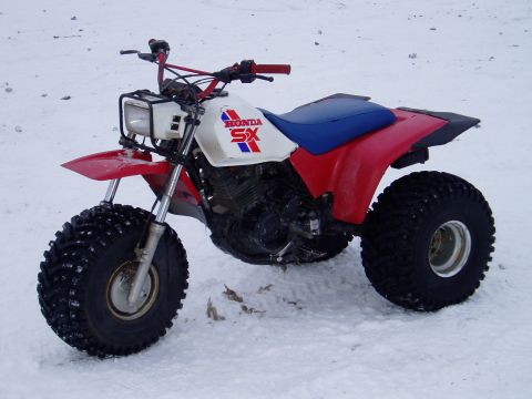 2000 Ford E350 - Honda SX three-wheeler ATV parked in a snowy landscape.