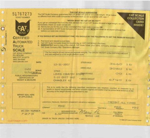 1994 Ford Bronco - This CAT Scale ticket details a weigh station transaction, including axle weights and gross weight, dated December 31, 2007.