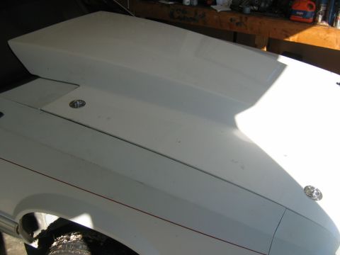1992 Ford Mustang - The hood of a white 1992 Ford Mustang features a prominent scoop and a subtle red pinstripe along the fender.