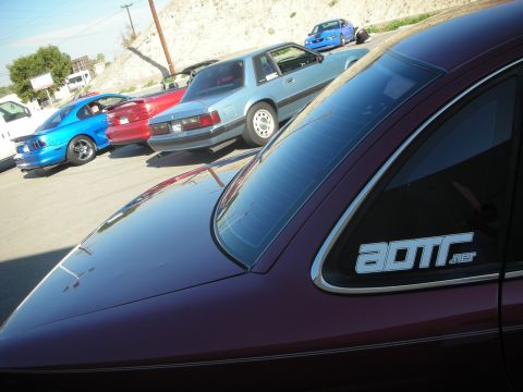 1992 Ford Crown Victoria - A maroon sedan is parked in a lot with several other vehicles, including blue and red Mustangs.