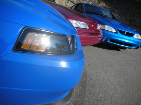 1992 Ford Crown Victoria - Three cars are parked in a row, with the closest vehicle being a blue Ford Mustang.