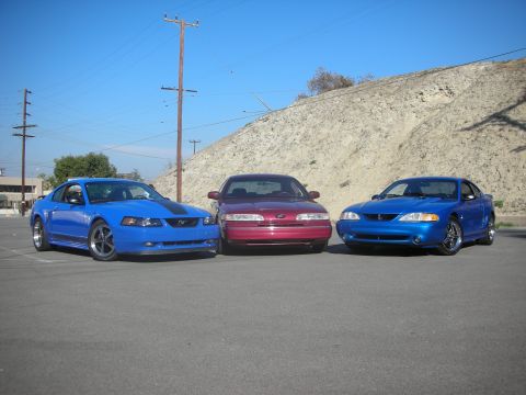 1992 Ford Crown Victoria - Two blue Ford Mustangs and a maroon sedan are parked in a lot under a clear sky.
