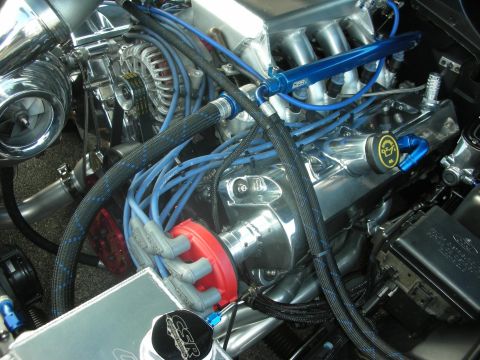 1998 Ford Crown Victoria - Custom engine bay features chrome components and vibrant blue wiring for a show-car aesthetic.
