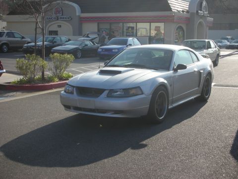 1998 Ford Crown Victoria - Silver Ford Mustang with hood scoop parked in a lot near a Taco Bell restaurant.
