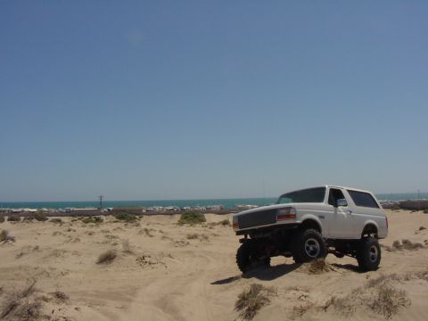 1992 Ford Bronco - A white 1992 Ford Bronco is parked on a sand dune under a clear blue sky.