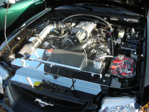 1998 Ford Crown Victoria - The engine bay features a supercharged V8 with polished components and a Mustang emblem visible on the front grille.
