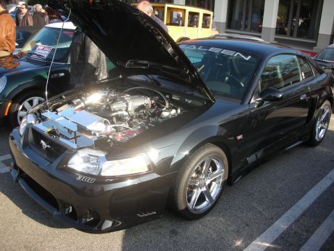 1998 Ford Crown Victoria - A black Saleen Mustang is displayed with its hood open, revealing a supercharged engine and chrome accents.