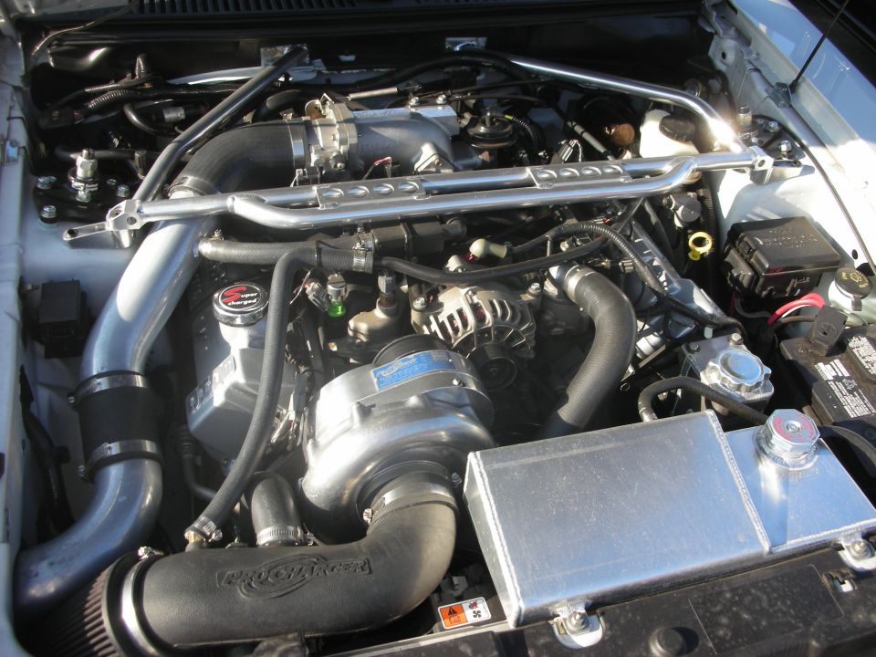 Supercharged engine bay with polished strut brace and intake