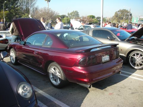 1998 Ford Crown Victoria - A red 1994-1998 Ford Mustang coupe is parked at a car meet, viewed from the rear. Another car's hood is open nearby.