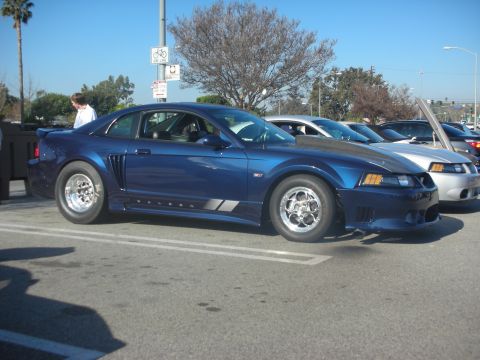 1998 Ford Crown Victoria - A blue Ford Mustang Saleen is parked in a lot next to other vehicles.
