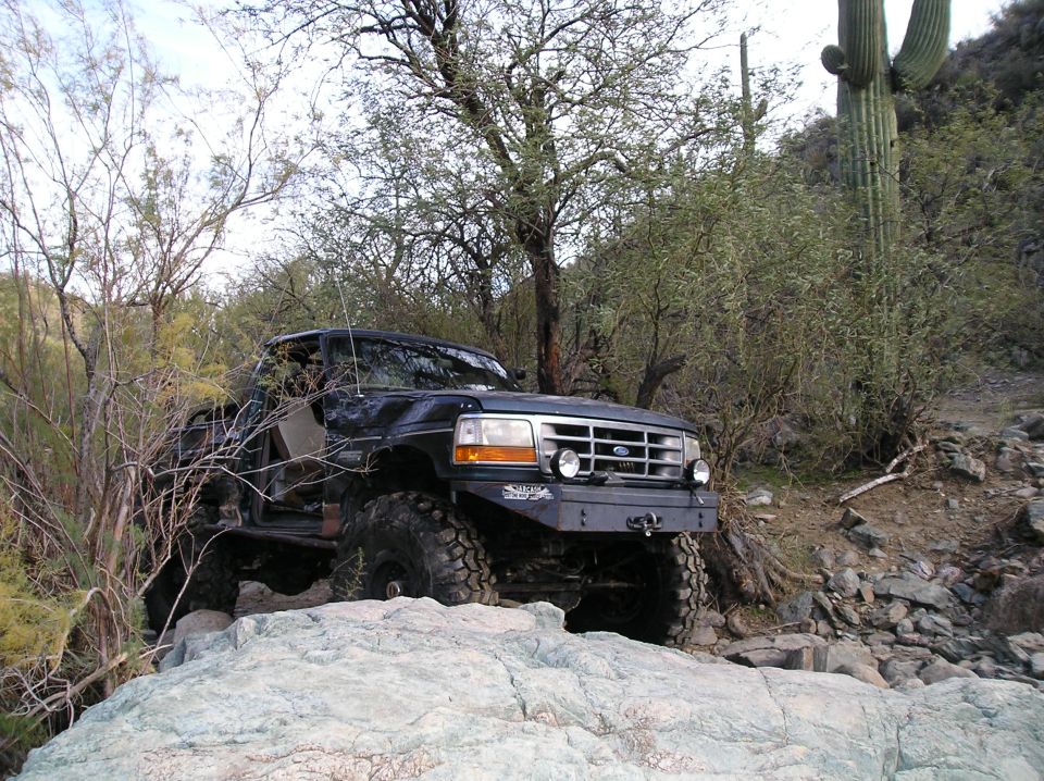Black Ford F-Series truck with large tires on rocky terrain, saguaro cactus in background