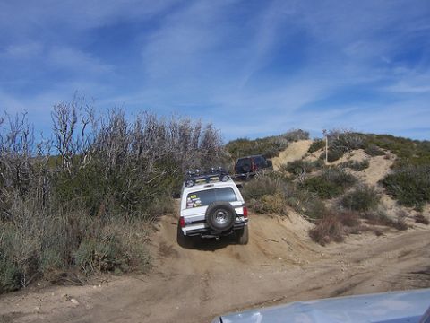 1981 Ford Bronco - Two SUVs navigate a dusty off-road trail under a blue sky with scattered clouds.
