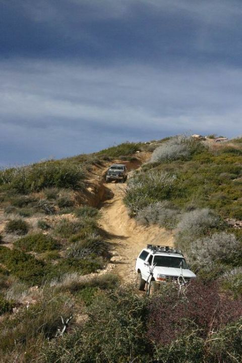 1981 Ford Bronco - Two SUVs navigate a steep, dusty trail through a scrub-covered hillside under a cloudy sky.