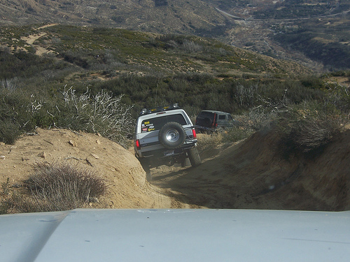 Silver 1981 Ford Bronco driving on a dirt trail, rear view. Another SUV follows