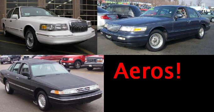 Collage of a white Lincoln Town Car, a blue Mercury Grand Marquis, and a black Ford Crown Victoria. Text reads 'Aeros!' and 'SUPERMOTORS'