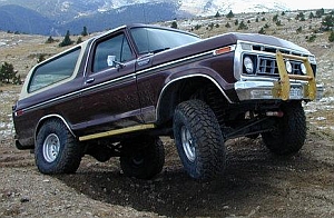 1986 Ford Bronco - This 1978 Ford Bronco is shown off-road with a prominent brush guard and large tires.