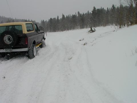1979 Ford Bronco - A 1979 Ford Bronco navigates a snow-covered path through a wooded area.