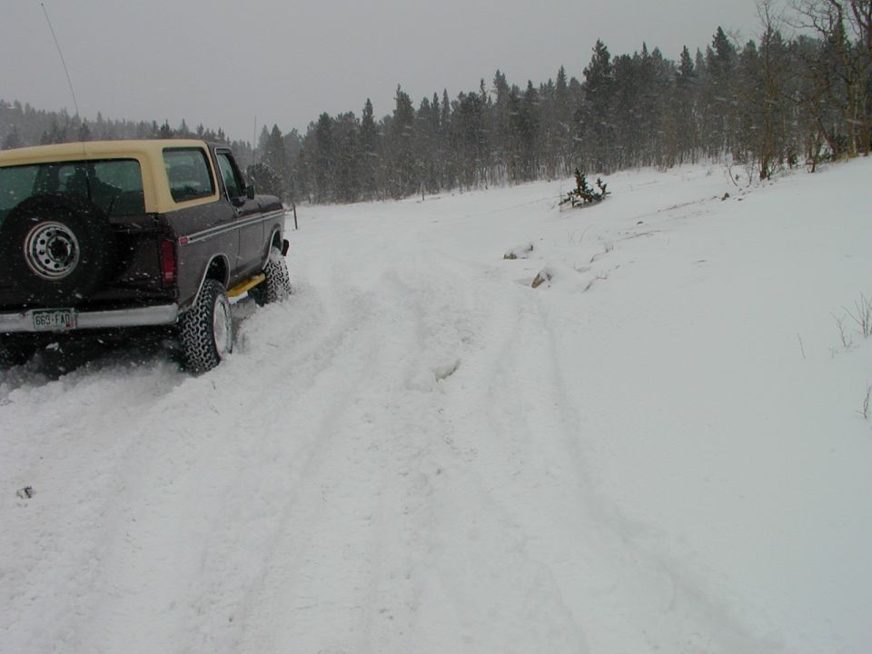 Rear view of a 1979 Ford Bronco driving on a snowy road with trees in the background