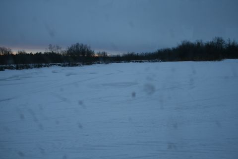 2003 Jeep TJ - A wide expanse of snow covers the ground under a dusky sky, with a line of trees in the distance.