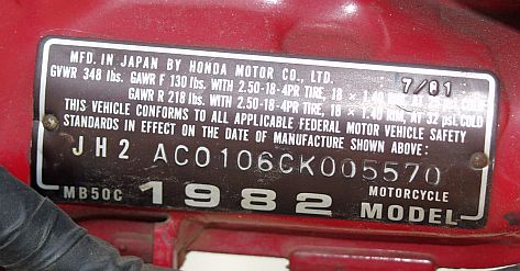 1985 Ford Crown Victoria LTD - VIN plate details from a Honda motorcycle manufactured in 1982.