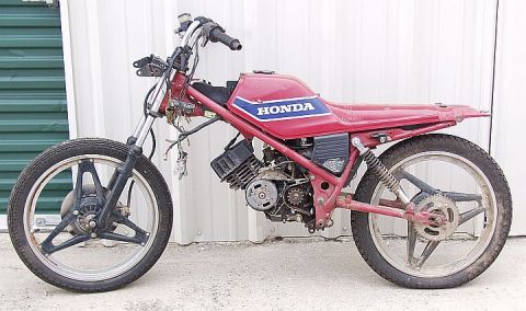 1985 Ford Crown Victoria LTD - Side view of a red Honda motorcycle with visible engine components and a blue stripe on the fuel tank.