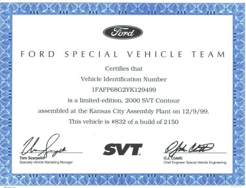 2000 Ford Contour - Certificate of authenticity for a limited-edition 2000 SVT Contour, #832 of 2150 built.
