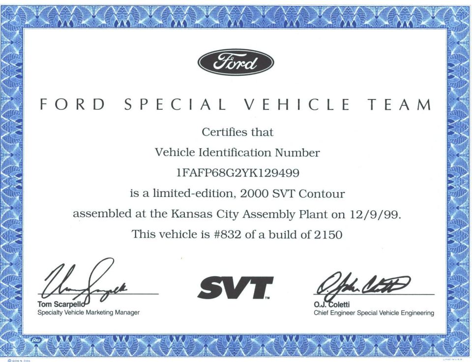 Ford SVT certificate for a 2000 SVT Contour, build number 832 of 2150
