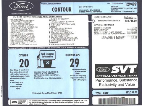 2000 Ford Contour - Window sticker details for a 2000 Ford Contour SVT, including MSRP and fuel economy information.