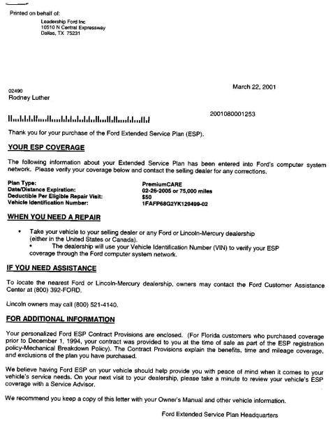 2000 Ford Contour - This document details the Ford Extended Service Plan coverage purchased by Rodney Luther.