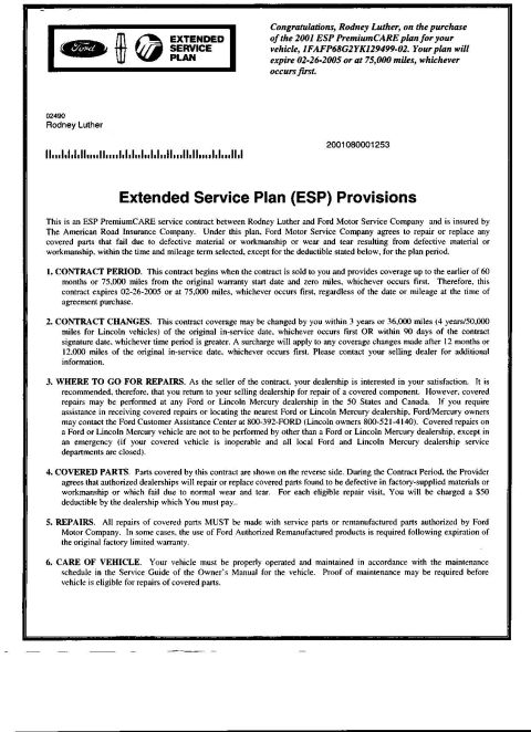 2000 Ford Contour - This document outlines the Extended Service Plan (ESP) provisions for a 2001 Ford vehicle, including contract period and repair details.