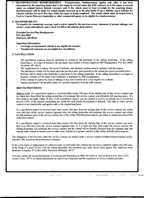 2000 Ford Contour - This document details transportation reimbursement, transferability, and cancellation policies for a service contract.