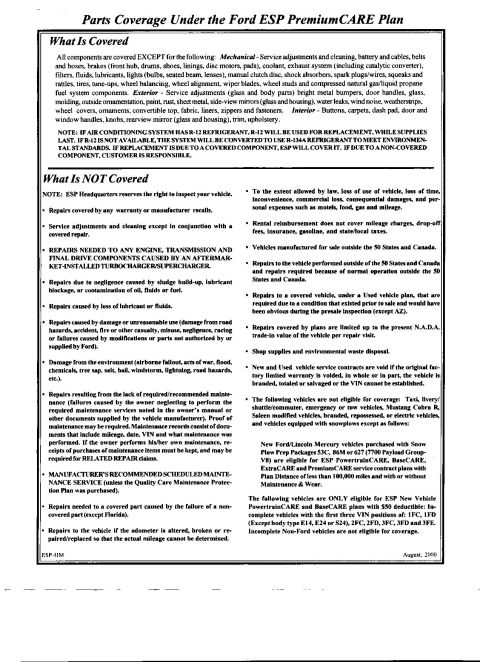 2000 Ford Contour - This document details the coverage and exclusions for the Ford ESP PremiumCARE Plan.
