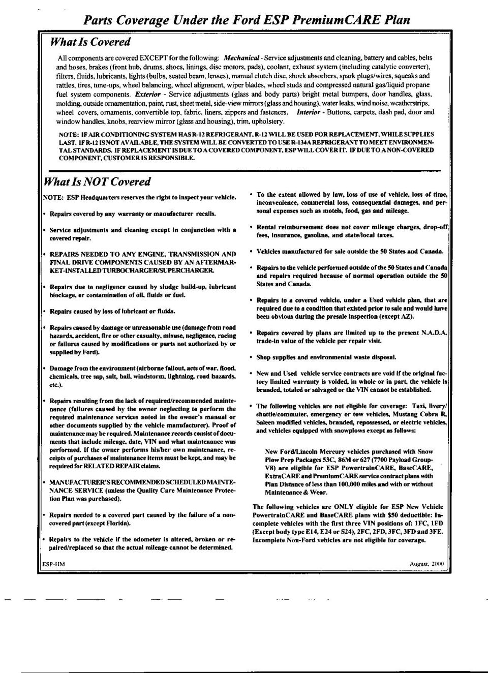 Document titled 'Parts Coverage Under the Ford ESP PremiumCARE Plan' listing what is covered and not covered