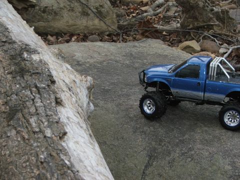 1996 Ford Bronco - A remote-controlled pickup truck is positioned on a rocky surface near a fallen tree.