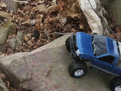 1996 Ford Bronco - A blue pickup truck toy is positioned on a large rock amidst fallen leaves and branches.