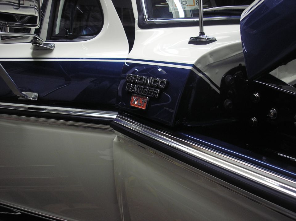 Close-up of a 1978 Ford Bronco Ranger XLT side badge