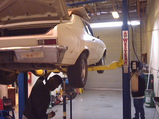 White sedan on a car lift, rear view, showing trunk open and a sticker on the bumper
