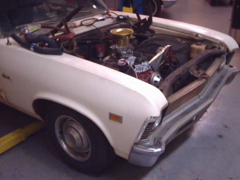 1969 Chevrolet Nova - Front quarter view of a white 1969 Chevrolet Nova with the hood open, revealing the engine bay.
