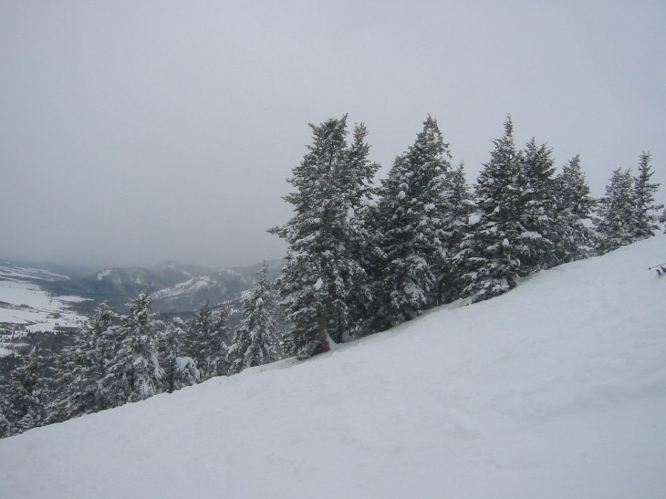 Snowy slope with pine trees and a distant valley under a cloudy sky. Watermark reads SUPERMOTORS