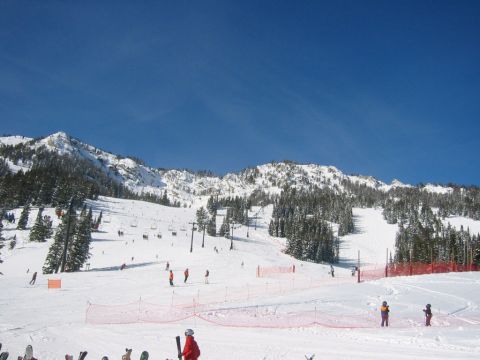 2006 BMW 5 Series - A ski resort scene with multiple skiers on the slopes and chairlifts visible against a clear blue sky.