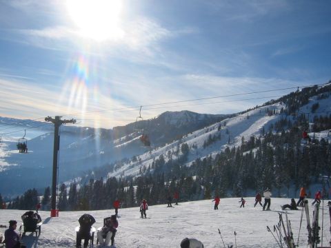 2006 BMW 5 Series - A sunny day at a ski resort with people skiing and riding chairlifts.