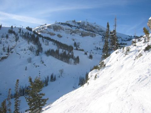2006 BMW 5 Series - A vast snowy mountain range with ski slopes and scattered trees under a clear blue sky.