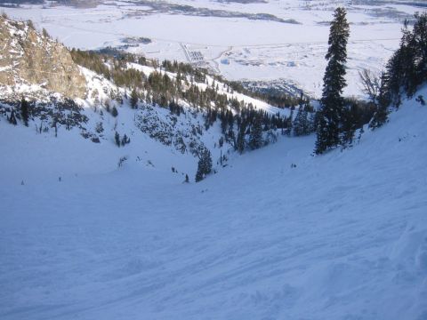 2006 BMW 5 Series - A vast snowy mountain landscape with trees and a distant valley, showing several skiers on the slope.