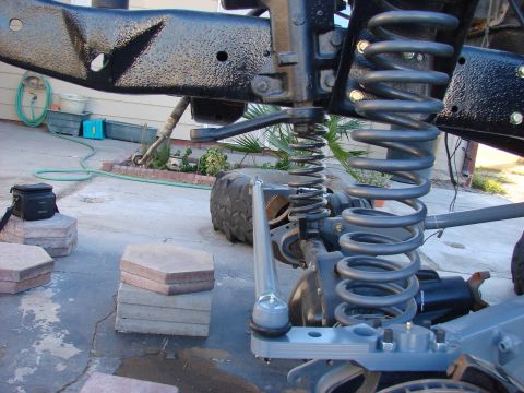 1979 Ford Bronco - Close-up view of a vehicle's front suspension system, highlighting the coil spring and steering linkage.