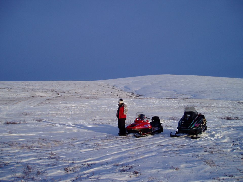 Red and black snowmobiles parked in a vast, snow-covered field under a clear blue sky