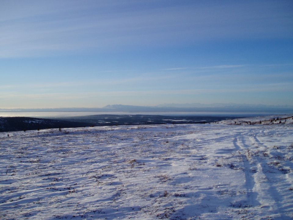 Snowy landscape with tire tracks leading into the distance under a clear blue sky