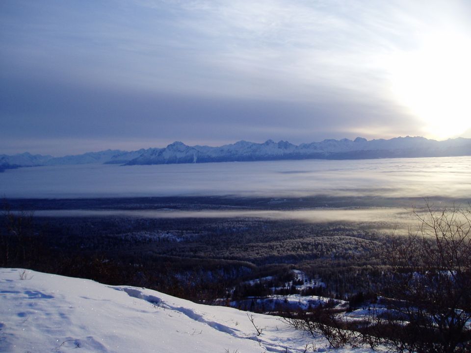 Snowy mountain landscape with fog and trees below a bright sky